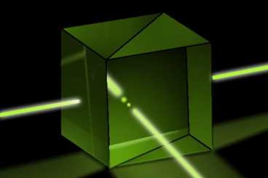A beam splitter is a device, like the one depicted here, that bifurcates a beam of light. An experiment proposed by MIT researchers, which relies on beam splitters, would exploit the strange behavior of quantum particles to perform calculations that are hopelessly time consuming on conventional computers.