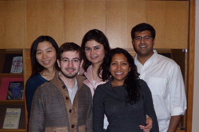Front row, left to right: Axel Thibon, Blanche Barco. Back row, left to right: Weizhong Ji, Esra Unluaslan and Manu Sharma.