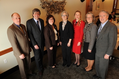 From left to right, Timothy M. Swager, John D. MacArthur Professor of Chemistry; Klavs F. Jensen, professor of materials science and engineering, Warren K. Lewis Professor of Chemical Engineering and head of the Department of Chemical Engineering; Theresa Kotanchek; vice president, sustainable technologies and innovation sourcing, The Dow Chemical Company; Cecilia D'Oliveira, executive director of...