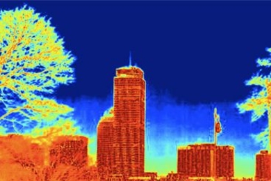 An image of the Boston skyline taken with the MIT researchers' thermal imaging system.