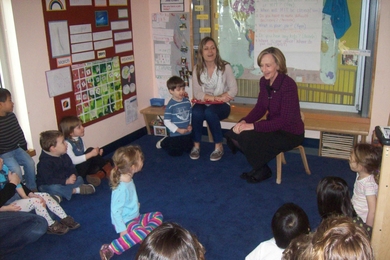 President Susan Hockfield answers questions from preschool students at the Stata Technology Children's Center.