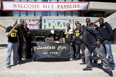 Residents of Chocolate City - one of the cultural houses in the New House dormitory - get ready to spin hot beats, answer questions and welcome prefrosh and parents to MIT from the steps of the student center on the first day of CPW.