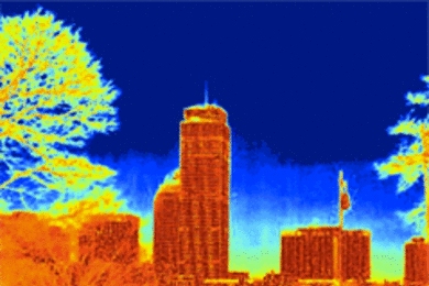 A thermal image of the Boston skyline.
