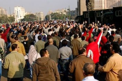 A crowd demonstrates peacefully in Cairo.