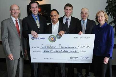 From left, NSTAR President Tom May; Daniel Vannoni; William Sanchez; Steven Stoddard; Henry Kelly, Acting Assistant Secretary in the Office of Energy Efficiency and Renewable Energy; and MIT President Susan Hockfield.
