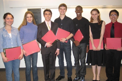 Recipients of 2011 Freshman Awards from left to right:  Paige Finkelstein, Amy “Betsy” Riley, Daniel Mokhtari, Benjamin Bell, Justin Bullock, Sabrina Pasterski and Raul Rios.