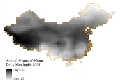 Ozone concentration levels in China (1x1 degree grid cell), 2005. 