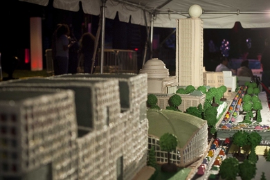 The 24-foot, 1,000-pound birthday cake for MIT's Toast to Tech celebration was a replica of MIT's campus, complete with its most famous landmarks.