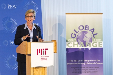 Former Michigan governor Jennifer Granholm delivers her talk during a clean-energy event at MIT on Tuesday.