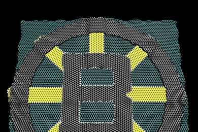 This image shows more clearly the atomistic structure and waviness of the 3-D graphene logo created using atomistic modeling.