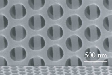 The new 3D nanofabrication method makes it possible to manufacture complex multi-layered solids all in one step. In this example, seen in these Scanning Electron Microscope images, a view from above (at top) shows alternating layers containing round holes and long bars. As seen from the side (lower image), the alternating shapes repeat through several layers.