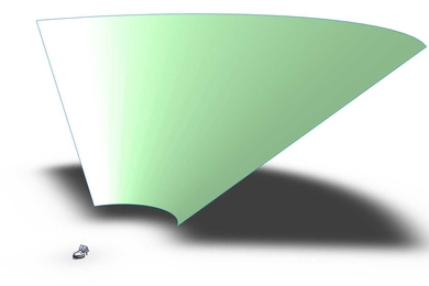 Diagram shows the idealized arrangement of a vat of molten salt used to store solar heat, located at the base of a gently-sloping hillside that could be covered with an array of steerable mirrors all guided to focus sunlight down onto the vat.