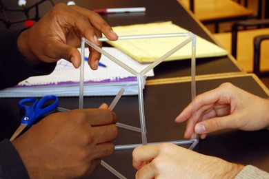Students in a STEP class build 'straw towers' — an activity that program director Eric Klopfer says is really about classroom collaboration, and one that the teachers-in-training could replicate with their own future students.
