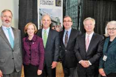 Left to right: Philip Giudice, undersecretary for energy, Massachusetts Executive Office of Energy and Environmental Affairs; MIT President Susan Hockfield; Tom May, president and CEO of NSTAR; David Maher, Cambridge mayor; David Schmittlein, dean of the MIT Sloan School of Management; and Theresa Stone, executive vice president and treasurer of MIT.