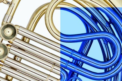Close-up of a horn. The right half has a blue overlay, coloring the french horn blue. There is an orange square overlaying both halves at the bottom center.