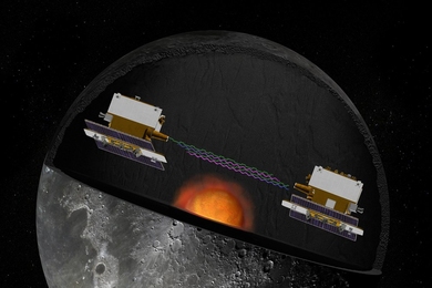 An artist's rendering of the twin GRAIL spacecraft orbiting the moon. The project uses two spacecraft flying in formation with known altitude amd separation distance to investigate the moon's gravity field in unprecedented detail.