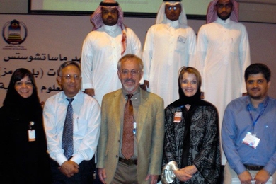 Professor Richard Larson and Elizabeth Murray, center, pictured with the MIT BLOSSOMS team in Saudi Arabia, where they held a BLOSSOMS workshop this past July for 200 high school teachers.