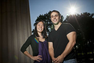 Evelyn Wang, left, associate professor of mechanical engineering, and graduate student Nenad Miljkovic.