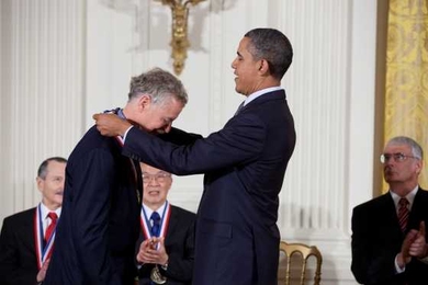 Rudolf Jaenisch, a founding member of the Whitehead Institute for Biomedical Research and professor of biology at MIT, receives his Medal of Science from President Barack Obama.