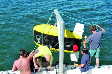 People on a boat lowering a submersible vehicle