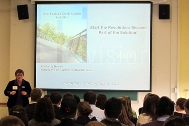 Risk management, hazing prevention and campus safety expert Kim Novak encourages students to create a 'community of care; during her recent visit to MIT.