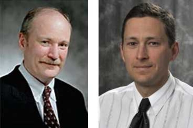 Grant Stokes, head of the Aerospace Division at MIT Lincoln Laboratory, left; J. Scott Stuart, technical staff member in the Space Control Systems Group.