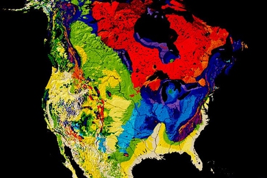 Geologic map of United States decribing bedrock types and age of bedrock formations. Age of bedrock, from youngest to oldest, is indicated by color change: yellow, green, blue, red.