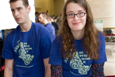 Senior Molly Kozminsky shows off the winner of the fifth annual MIT Hummus Taste Off: "Messrs Bentry and Lolpert’s Silk Road Hipster Hummus with Grapefruit Black Tea Infusion."