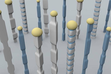 Nanowires fabricated using the new techniques developed by Silvija Gradečak and her team can have varying widths, profiles and composition along their lengths, as illustrated here, where different colors are used to indicate compositional variations.