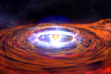 Plasma from a neighboring star gets pulled into the orbit of a neutron star, where it slams into the stellar surface, creating thermonuclear explosions.