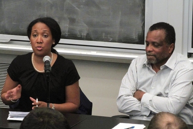 Andra Gillespie, a political scientist at Emory University and an MLK visiting associate professor at MIT for the 2011-2012, and J. Phillip Thompson, an associate professor in MIT’s Department of Urban Studies and Planning, at a panel discussion on Thursday on 'The Future of Black Politics.'