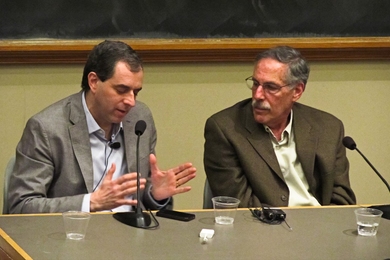 David Autor, professor of economics and associate head of MIT’s Department of Economics, left, with Institute Professor Peter Diamond at Tuesday's forum.