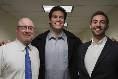 Three of the men's basketball coaches have professional experience. From left: Kevin Byrne played in Europe after a standout college career at Carnegie Mellon; Paul Grant is a 7-foot-tall former center for the Minnesota Timberwolves and the Utah Jazz; and Bill Johnson '10 played stints in Costa Rica and Iceland.