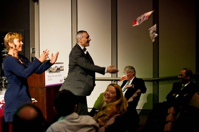 Professors Linda Griffith and Moungi Bawendi toss out icy and hot packs as a demonstration of free energy.