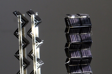 Two small-scale versions of three-dimensional photovoltaic arrays were among those tested by Jeffrey Grossman and his team on an MIT rooftop to measure their actual electrical output throughout the day.