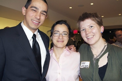 Kate Mytty, right, facilitates the IDEAS Global Challenge. She poses here with 2011 competition participant and MIT graduate student Greg Tao, left, and D-Lab Project Director Saida Benhayoune, center.