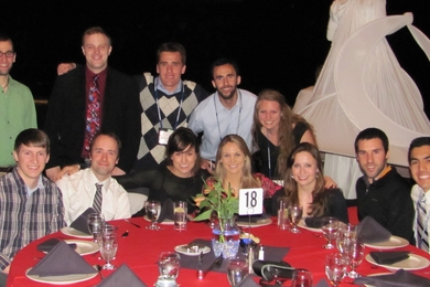 Department of Nuclear Science and Engineering students at the 2012 ANS Student Conference at which MIT was announced as the 2013 Conference host. From left to right: (standing) Will Boyd, Mark Reed, Giancarlo Lenci, Koroush Shrivan, Ekaterina Paramonova; (seated) Brad Black, Elliot Fray, Sara Ferry, Rosemary Sugrue, Brittany Guyer, Sam Shaner and Alex Salazar; (not pictured) Lulu Li.