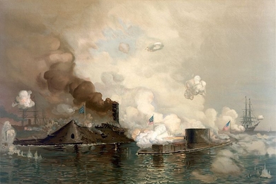 "The Monitor and Merrimac: The First Fight Between Ironclads," a chromolithograph of the Battle of Hampton Roads, produced by Louis Prang & Co., Boston.