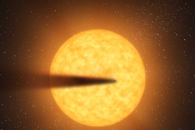 Artist depiction of a small black dot against the light of a star. The dot is spewing a large cloud of dark gas