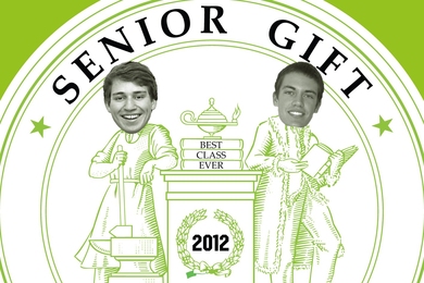 Many of the Senior Gift campaign's posters used a logo featuring student chairs Zac Dearing and Davey Hunt.