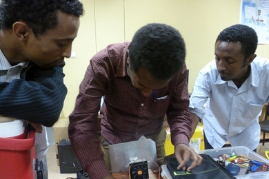 Engineers at the Addis Ababa Institute of Technology in Ethiopia conduct tests on a CoolComply prototype.