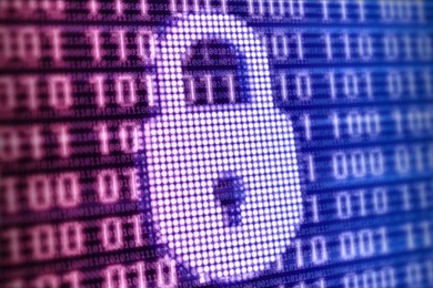 A purple lock digitally appears on backgrounds with zeros and ones.