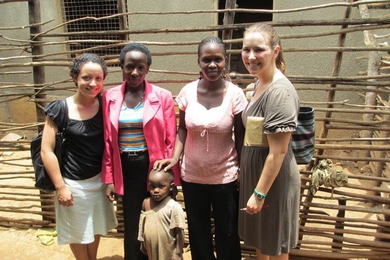 Marisa Gerla, left, and Mary Anito, right, visiting a local poultry enterprise in Mbarara, Uganda with Sarah Nabachwa, second from left, and Jacinta Nshemereirwe, third from left, of the Sustainable Household Income Project.