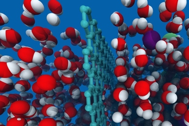 Illustration of a sheet of graphene with a bunch of other molecules floating on either side