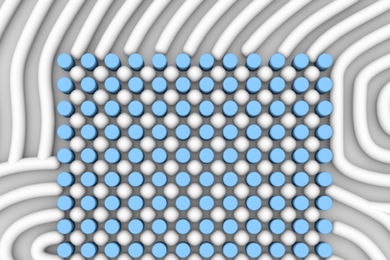 An artist's representation of the structures produced by this self-assembly method shows a top-down view, with the posts produced by electron-beam lithography shown in blue, and the resulting self-assembled shapes shown in white.