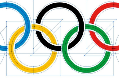Olympics symbol with five rings. A light blue outline around rings and various angles intersect in ring centers.