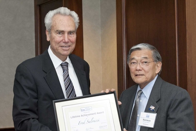 Fred Salvucci with former U.S. Department of Transportation Secretary Norman Mineta at the Eno Leadership Development Program dinner honoring Salvucci.