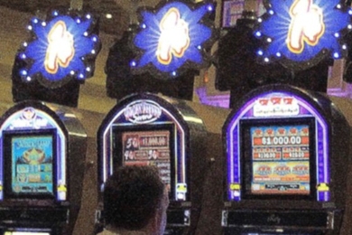 A person sits in front of slot machine with back turned to camera.