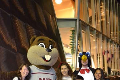 Several students received the opportunity to take a photograph with the Institute&#39;s beloved Tim the Beaver outside of the New England Aquarium.