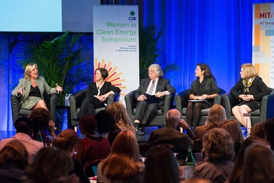 In a panel discussion at the Women in Clean Energy Symposium, the speakers were, from left, Kateri Callahan, president of the Alliance to Save Energy; Dian Grueneich, of Dian Grueneich Consulting; MIT Energy Initiative director Ernest Moniz; Lisa Epifani, partner in Van Ness Feldman; and Mary Anne Sullivan, partner in Hogan Lovells.